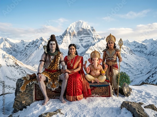 Lord Shiva and Goddess Parvati sitting with Ganesha and Kartikeya amidst the snowy peaks of Mount
Kailash.