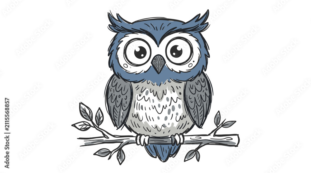 Fototapeta premium Cute cartoon owl sitting on branch hand drawn illustration for kids and children books