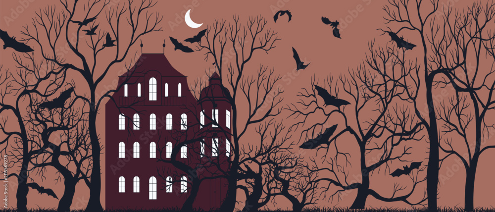 Obraz premium vector drawing dark gothic landscape with mansion, trees silhouettes, moon and flying bats, Halloween background , hand drawn illustration