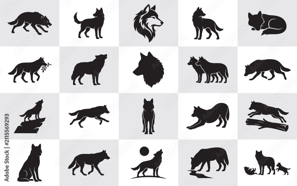 Fototapeta premium 20 Wolf Silhouette Bundle – Premium Wild Wolf Vector Collection, Black Animal Silhouettes