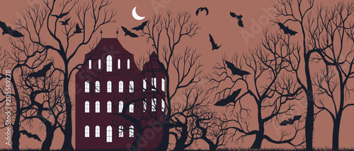 vector drawing dark gothic landscape with mansion, trees silhouettes, moon and flying bats, Halloween background , hand drawn illustration