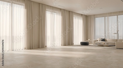 Bright modern living room with large windows and sheer curtains.