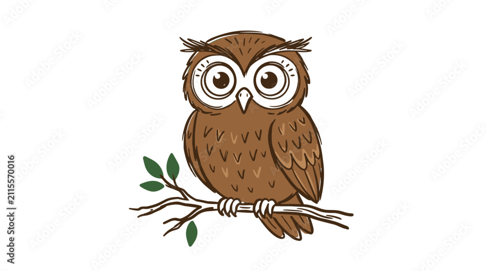 Obraz premium Cute little owl sitting on tree branch in forest at night cartoon vector illustration