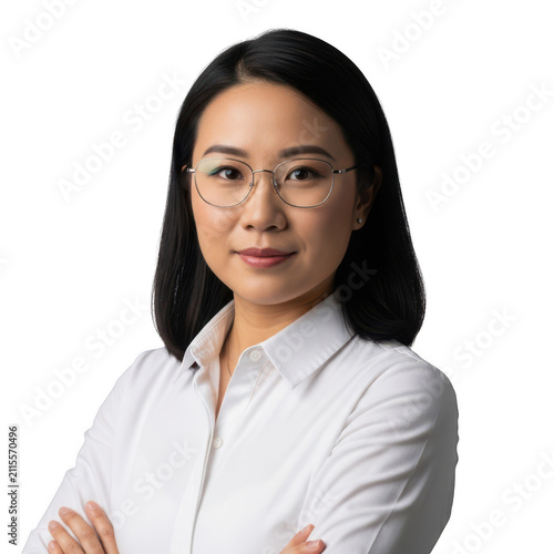 Confident asian woman wearing glasses and white shirt isolated on transparent background