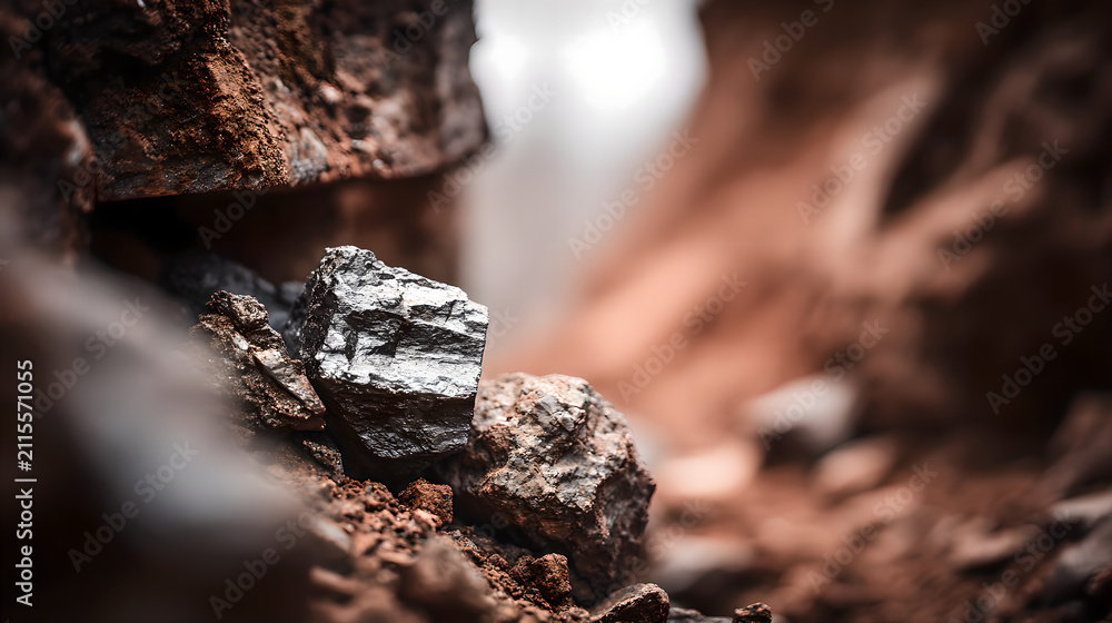 Fototapeta premium Close up of natural copper veins embedded in bedrock, rich copper metallic luster, realistic geological rock texture, emphasizing advanced energy storage materials and strategic mineral significance