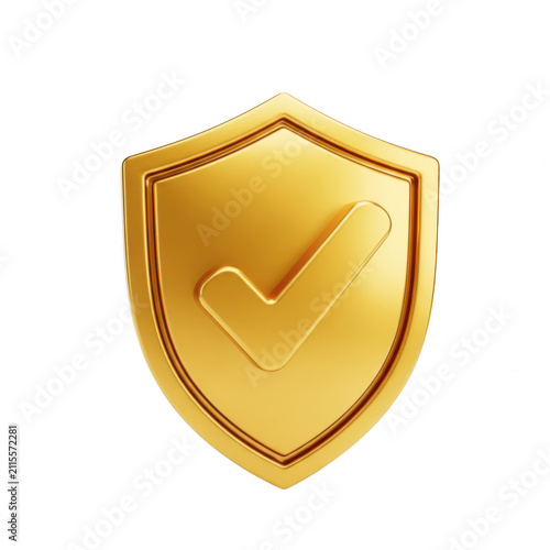 Shiny golden shield icon with a green check mark symbol isolated on transparent background