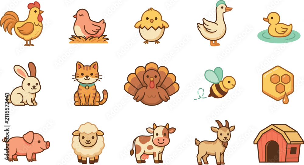 Obraz premium Cute cartoon farm animals vector sticker icon set featuring rooster, chicken, chick, duck, rabbit, cat, turkey, bee, honeycomb, pig, sheep, cow, goat, and barn house.