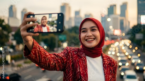 Hijab wearing woman taking selfie on city street.