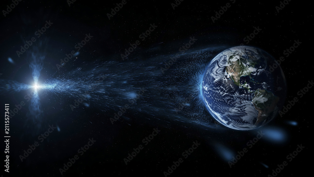 Naklejka premium Planet earth glowing in deep space with bright shining light rays and sparkling digital particles flying across the dark cosmic void showing a futuristic scientific technology concept