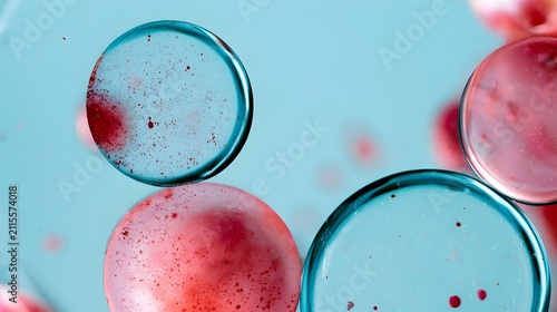 Abstract spheres of red pigment suspended within transparent liquid against a soft blue background