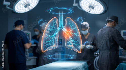 Futuristic three dimensional lung scan projected in hospital operating theatre while medical specialists perform surgery with high tech diagnostics and holographic interface displays.