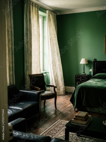 Elegant Vintage Bedroom With Deep Green Walls And Luxurious Furnishings For A Sophisticated Retreat