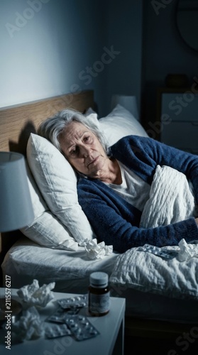 Elderly Woman Lying In Bed Feeling Unwell With Medication On Nightstand
