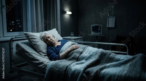 Elderly Patient Sleeping Peacefully In Dark Hospital Room At Night