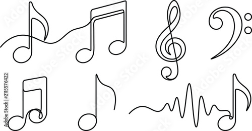 Obraz na płótnie Continuous line art music notes icon set featuring eighth note treble clef bass