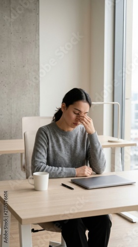 Exhausted Young Woman Rubbing Eyes At Desk Experiencing Work Stress Or Fatigue