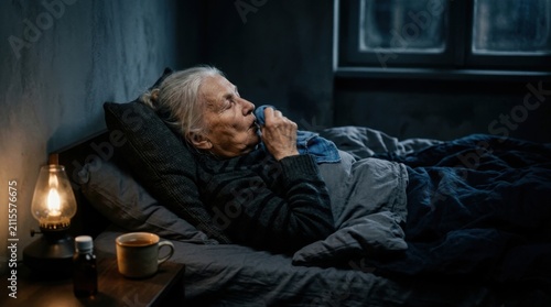 Elderly Woman Coughing Under Blanket At Night With Lamp And Tea