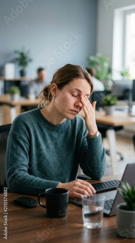 Exhausted Young Woman Rubbing Her Tired Eyes While Working On Laptop In Modern Office Environment