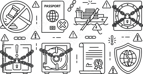 Konstfotografi Economic sanctions financial embargo trade restrictions icons set linear vector