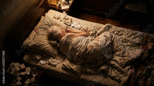 Elderly Woman Sleeping In Bed Surrounded By Medication And Tissues