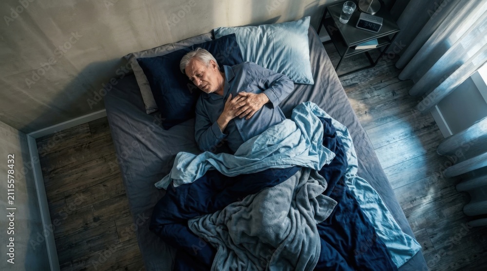 Fototapeta premium Elderly man experiencing chest pain while sleeping in his bed