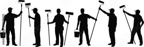 Black silhouettes of construction workers holding paint rollers and buckets, home renovation and painting concept, isolated on white background