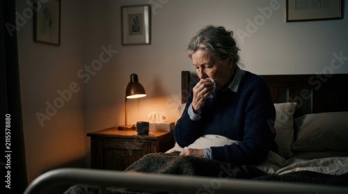 Elderly Woman Feeling Unwell In Bed With A Tissue