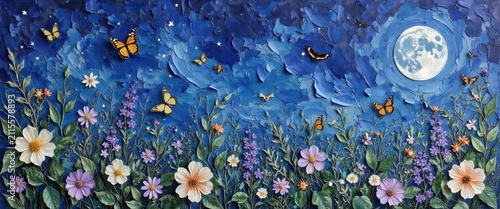 Vibrant Flower Garden Under a Bright Full Moon with Butterflies