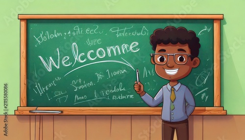Smiling teacher standing by classroom chalkboard.