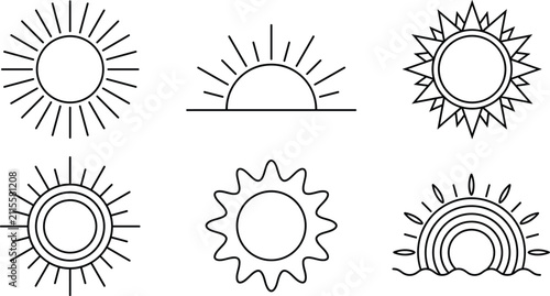 Canvastavla Sun and sunrise line icon set featuring weather symbols solar rays sunset horizo