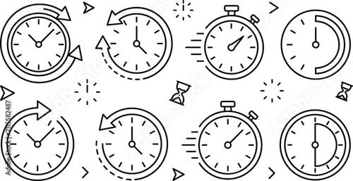 Fotografie Time management line icon set featuring stopwatch clock countdown timer interval
