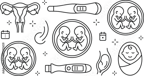 Fotografie Twin pregnancy and gynecology line icon set featuring uterus anatomy positive te