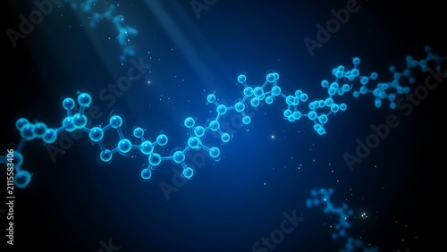 Glowing blue molecular structure floating in dark space with light rays and particles, scientific visualization of chemistry.