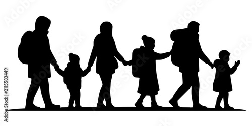 Silhouette of six people walking in line, adults and children with backpacks holding hands. Symbolic artwork of unity, journey, migration, and human connection in bold graphic style.