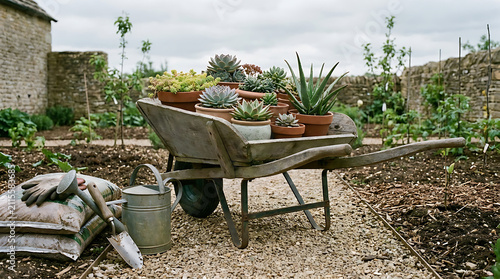 Potted succulents in a wheelbarrow at a drought tolerant garden install