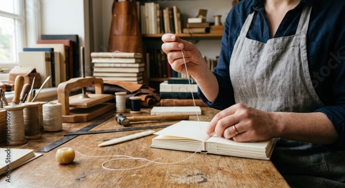 Bookbinder stitching a page in a book, hands at work on a wooden desk