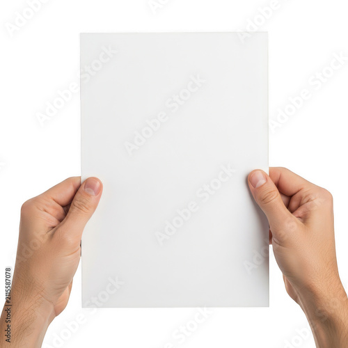 Two hands holding a blank piece of white paper isolated on transparent background