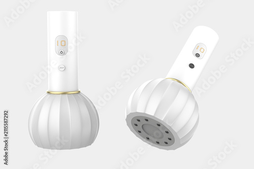 Modern handheld electric massage device with digital display and ergonomic ribbed massage head, isolated on white background.3d illustration