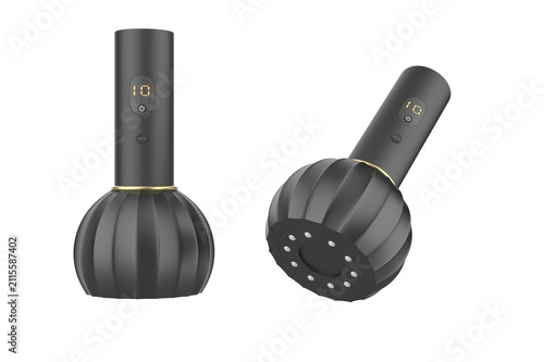 Modern handheld electric massage device with digital display and ergonomic ribbed massage head, isolated on white background.3d illustration