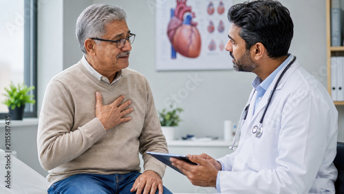 Older man clutching his chest discussing heart symptoms with a doctor in a clinic while the physician takes notes beside a heart anatomy poster