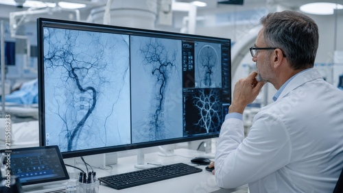 Radiologist reviewing cerebral angiography images of brain blood vessels on a large monitor in a modern interventional radiology suite