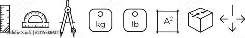 Foto Measurement icons for size weight and dimension calculation with ruler protracto