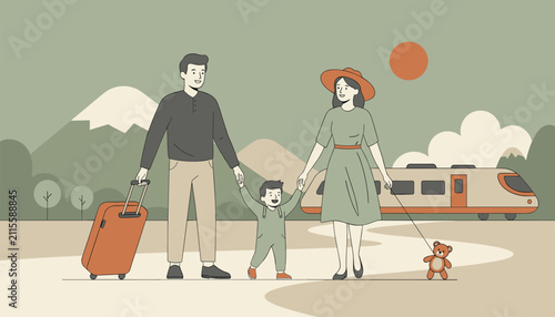 Happy young family with a child walking together at the station with a suitcase to catch a high speed train.