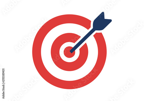 Target icon with arrow hitting bullseye, red and blue archery board vector, business goal and success achievement symbol on white background