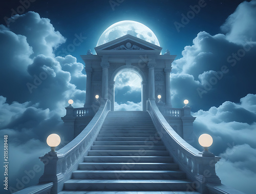 Moonlit Staircase Leading to Heavenly Gate Above the Clouds, Symbol of Paradise