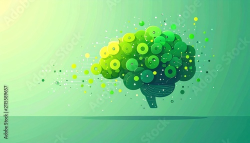 Green brain made of circles floating.