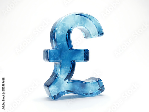 A blue glass british pound sterling currency symbol standing upright on a clean white studio background surface