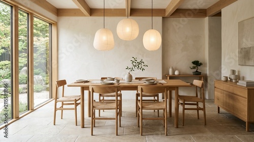 Modern dining room interior featuring a light oak wooden table and chairs set under contemporary pendant lighting within a bright airy minimalist living space with large glass windows and flooring