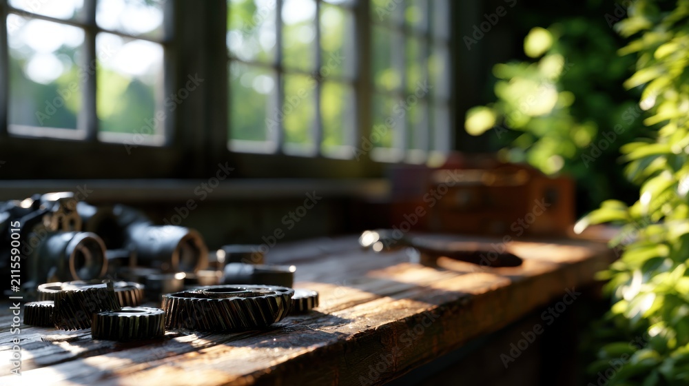 Obraz premium Sunlit workbench with camera, clock gears, and foliage by window in warm, nostalgic wooden setting