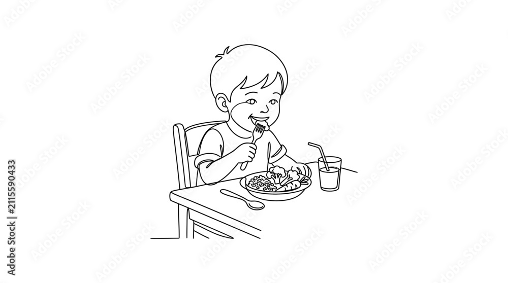 Fototapeta premium A cute little boy eating pasta with a fork at the dining table.